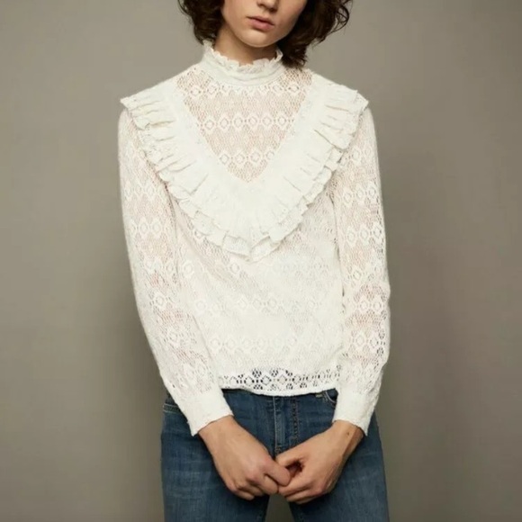 Maje Tops - MAJE • Limba open knit high neck ruffle crochet sweater in ecru